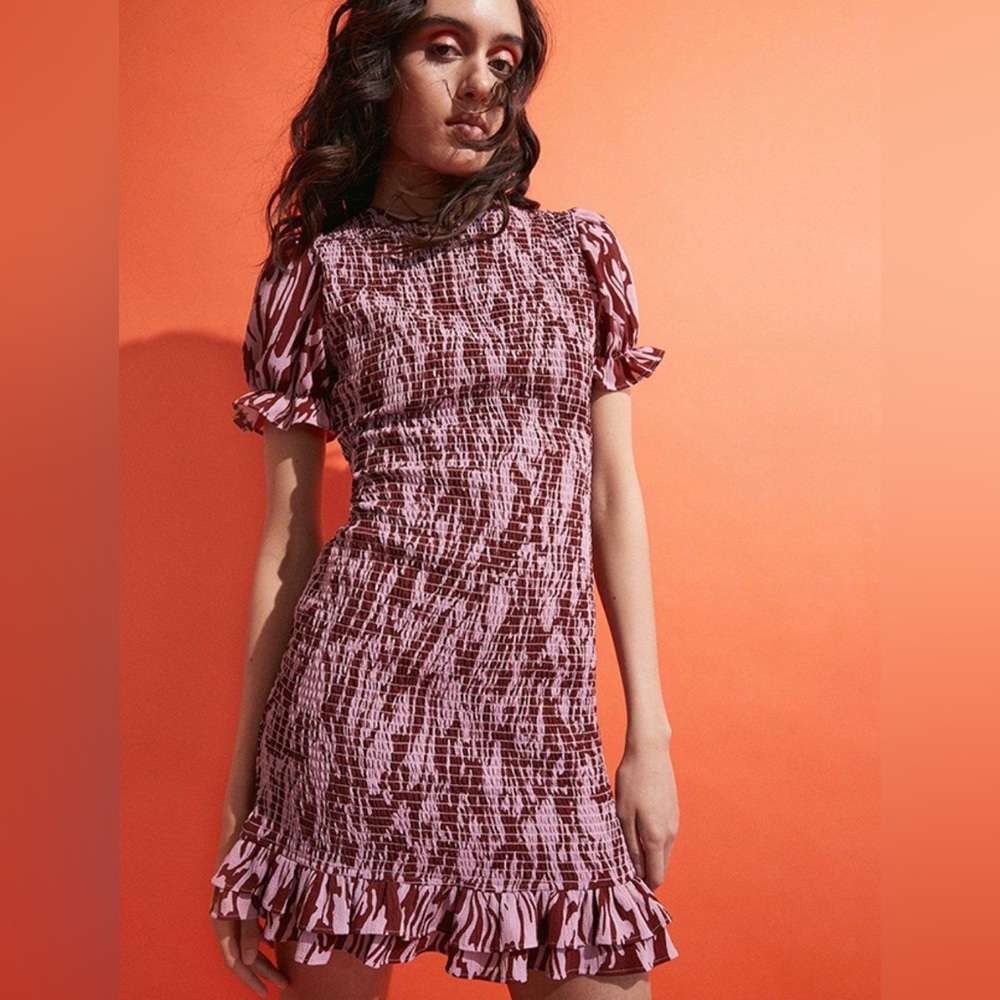 WAREHOUSE Printed Shirred Mini Dress, Size 6
